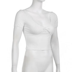 Short sleeve v neck ribbed lace hem solid crop top