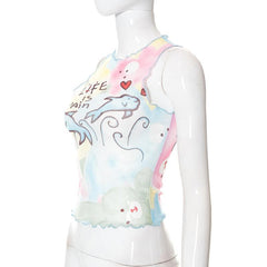 Contrast print ruffle sheer mesh see through sleeveless top