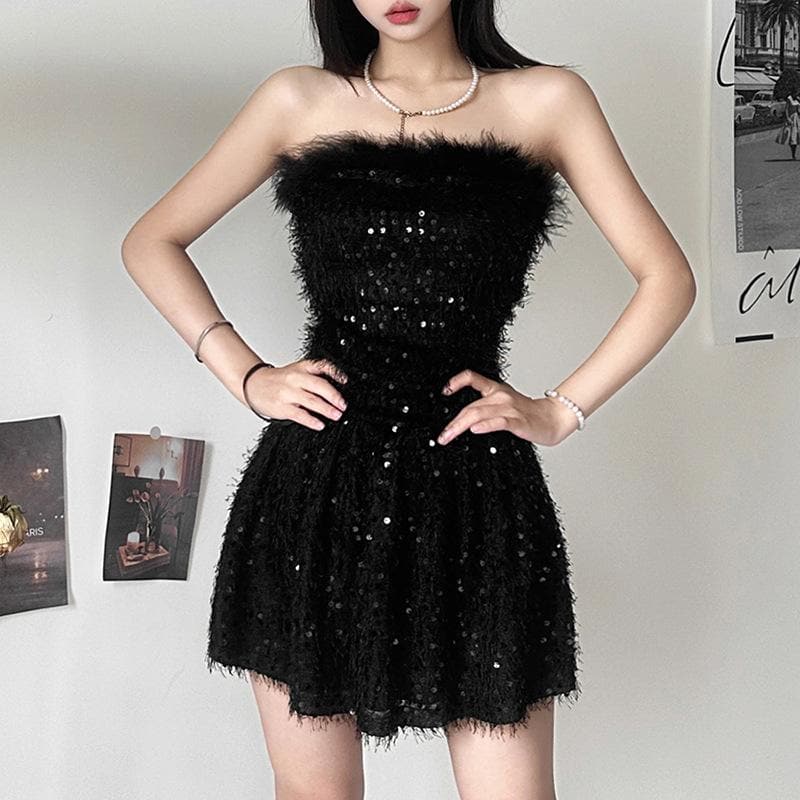 Textured glitter backless feather tube mini dress