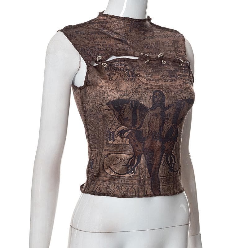 Stitch abstract print sleeveless hollow out o ring crop cut out top