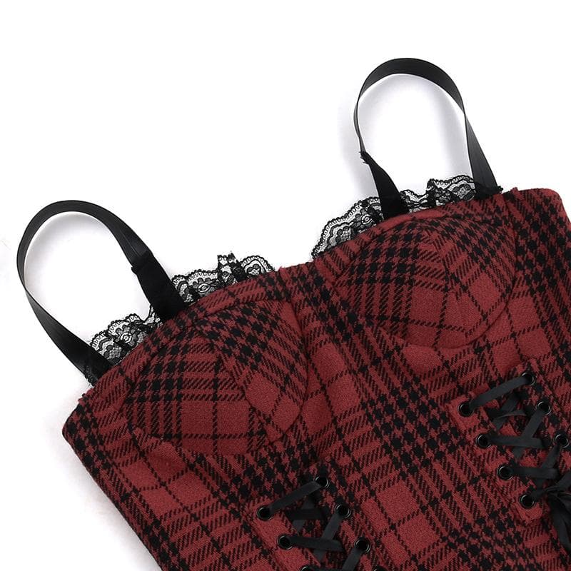 Plaid sweetheart neck lace up lace hem backless cami top