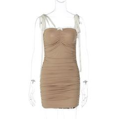 Ruched lace hem self tie square neck backless mini dress