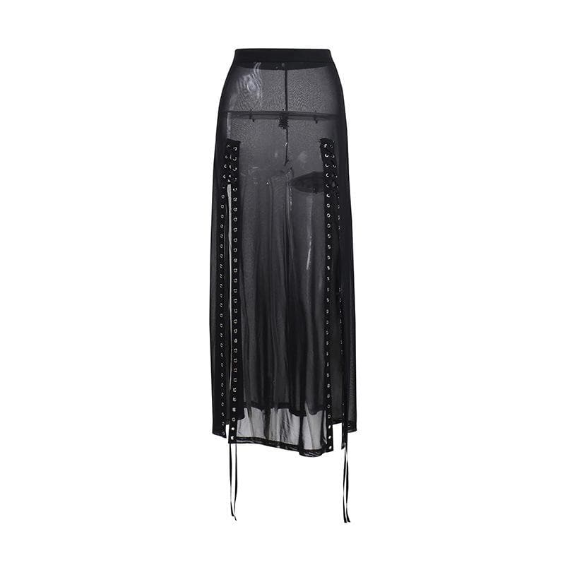 Sheer mesh see through lace up slit solid maxi dress