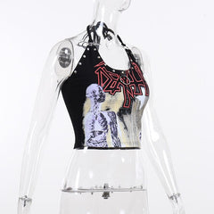 Sleeveless halter abstract self tie backless o ring crop top