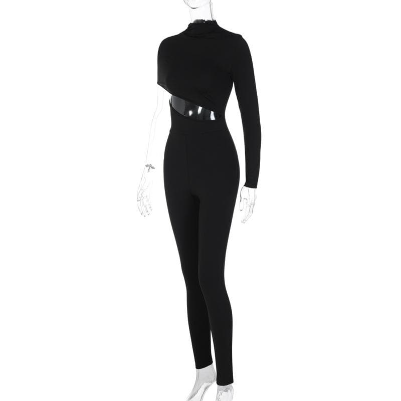 Hollow out high neck irregular zip-up jumpsuit