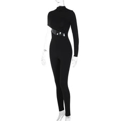 Hollow out high neck irregular zip-up jumpsuit