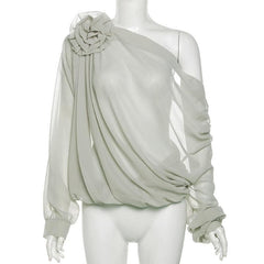 Chiffon flower applique see through off shoulder long sleeve ruched top
