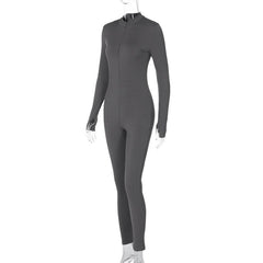 Ribbed gloves solid long sleeve zip-up jumpsuit