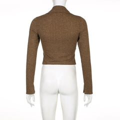 Textured irregular turnover collar zip-up long sleeve crop top