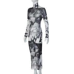 Abstract print sheer mesh see through high neck long sleeve maxi dress