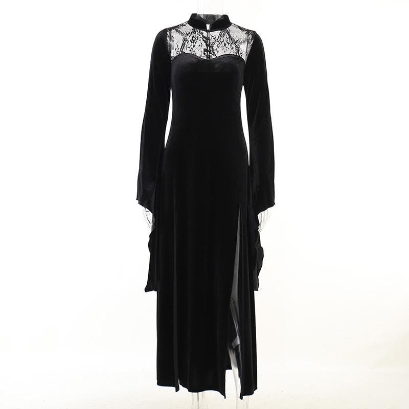 Velvet lace patchwork button solid high neck long flared sleeve slit midi dress