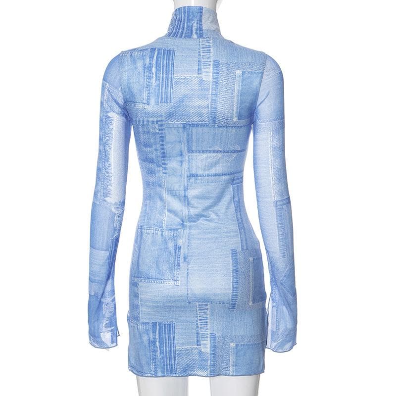 Slit long sleeve high neck denim print contrast mini dress