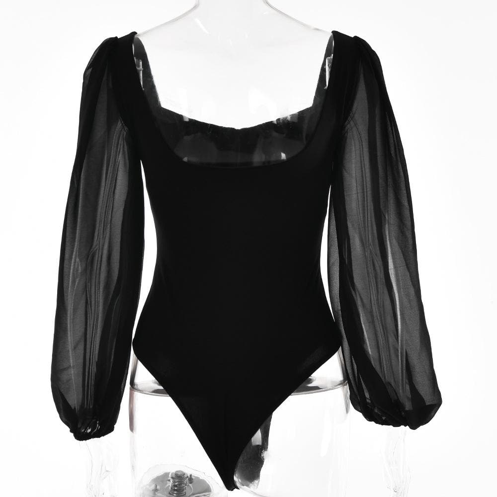 Solid v neck long sleeve mesh backless bodysuit