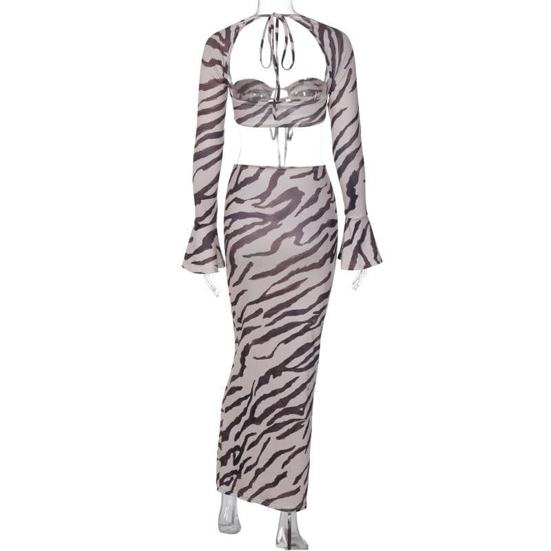 Zebra print low cut flared sleeve self tie contrast maxi skirt set