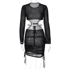 See through long sleeve ruched open back drawstring dress