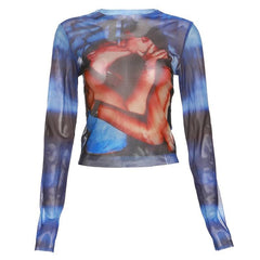 Abstract contrast print long sleeve sheer mesh top