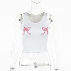 Bowknot pattern ribbed u neck contrast tank top