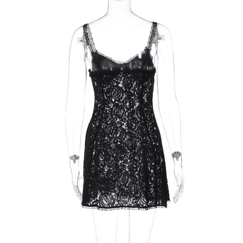 Backless v neck lace see through zip-up solid mini dress