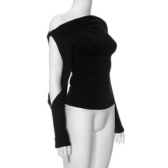 Solid long sleeve off shoulder irregular knotted hollow out cut out top