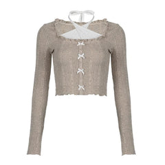 Bowknot contrast halter patchwork ruffle long sleeve top