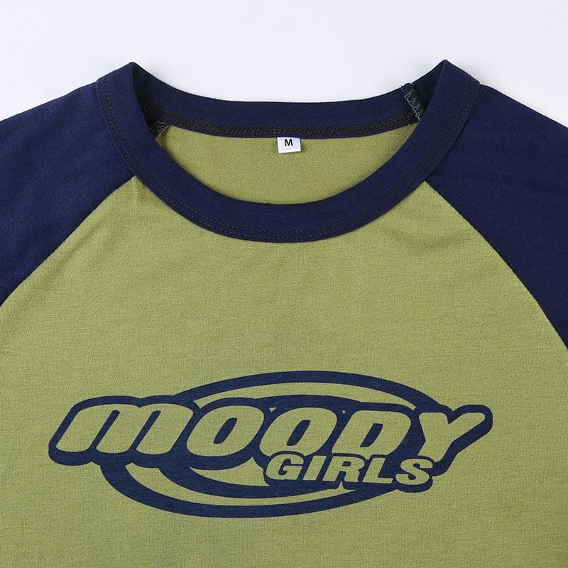 Patchwork contrast short sleeve crewneck "moody" pattern crop top