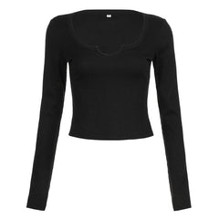 Ribbed notch neck solid long sleeve top