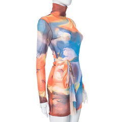 Self tie sheer mesh long sleeve high neck contrast print mini dress