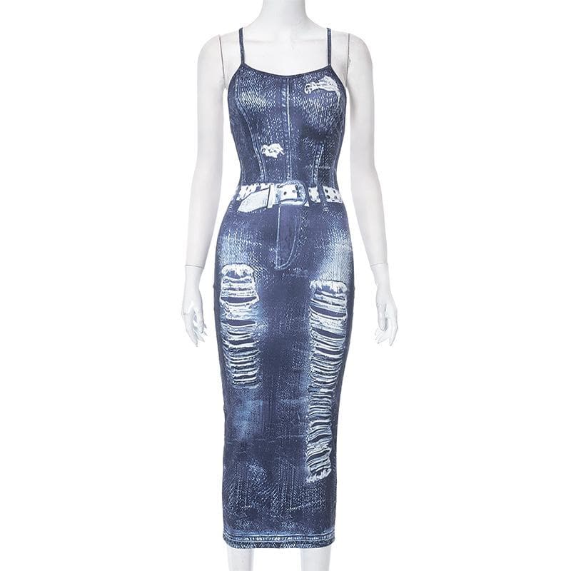 Cross back u neck backless denim print contrast slit midi dress