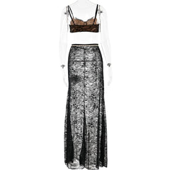 Lace see through v neck contrast cami maxi skirt set