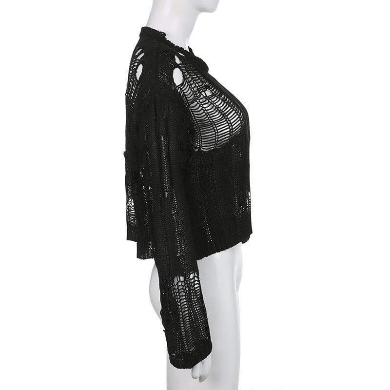 Solid hollow out crochet long sleeve round neck cut out top