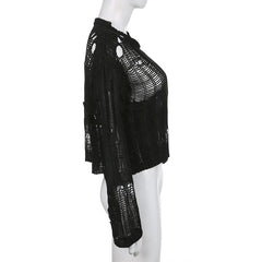 Solid hollow out crochet long sleeve round neck cut out top