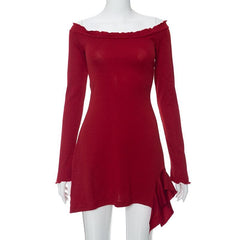Ruffle solid long sleeve irregular off shoulder mini dress