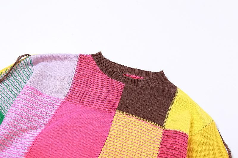 Plaid contrast long sleeve knitted crewneck top