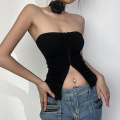 Button solid flower applique halter ruched backless tube crop top