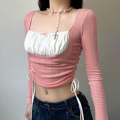Drawstring textured patchwork contrast long sleeve crop top