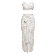 Textured solid ruffle self tie knotted tube maxi skirt set