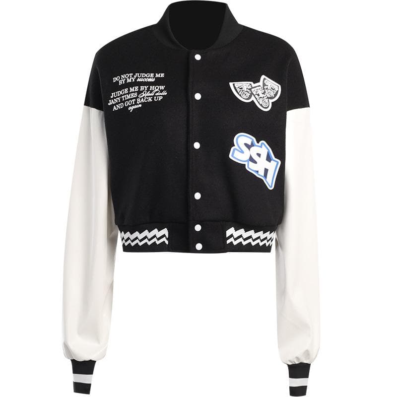 Embroidery contrast button patchwork high neck coat top