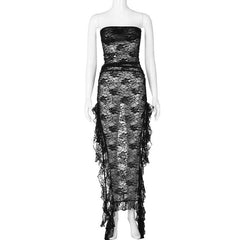 Slit ribbon lace see through solid tube maxi dress