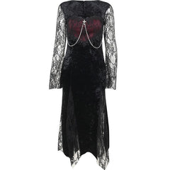 Lace contrast long flared sleeve metal chain zip-up velvet midi dress