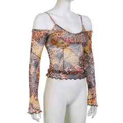 Sheer mesh button off shoulder long sleeve ruffle top