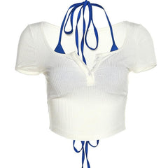 Short sleeve self tie contrast halter button 2 piece crop top