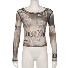 Contrast sheer mesh see through long sleeve round neck top