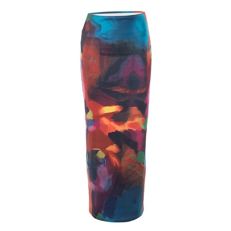 Abstract print low rise contrast maxi skirt