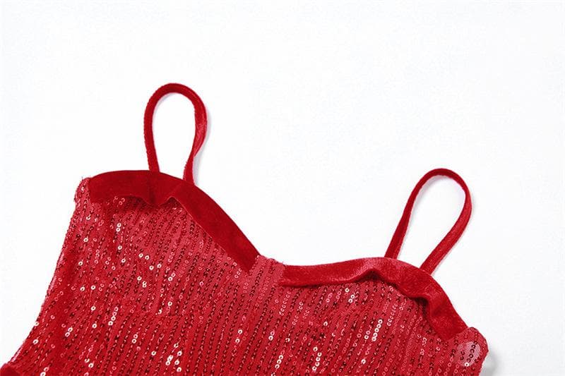 Sweetheart neck gloves velvet glitter mesh patchwork cami dress