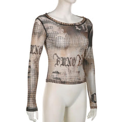 Contrast sheer mesh see through long sleeve round neck top
