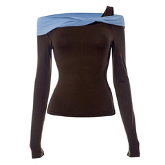 Patchwork long sleeve irregular off shoulder contrast top