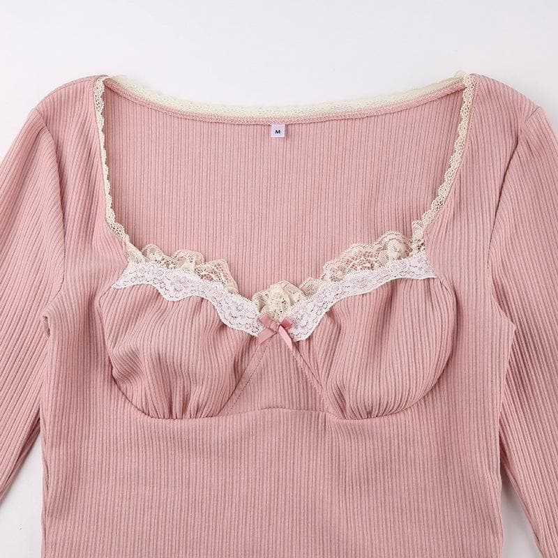 Ribbed lace hem long sleeve ruched contrast top
