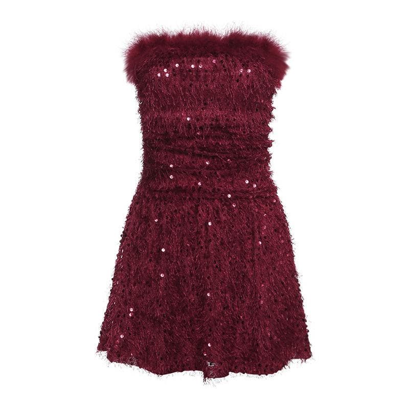 Textured glitter backless feather tube mini dress