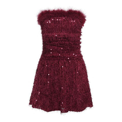 Textured glitter backless feather tube mini dress