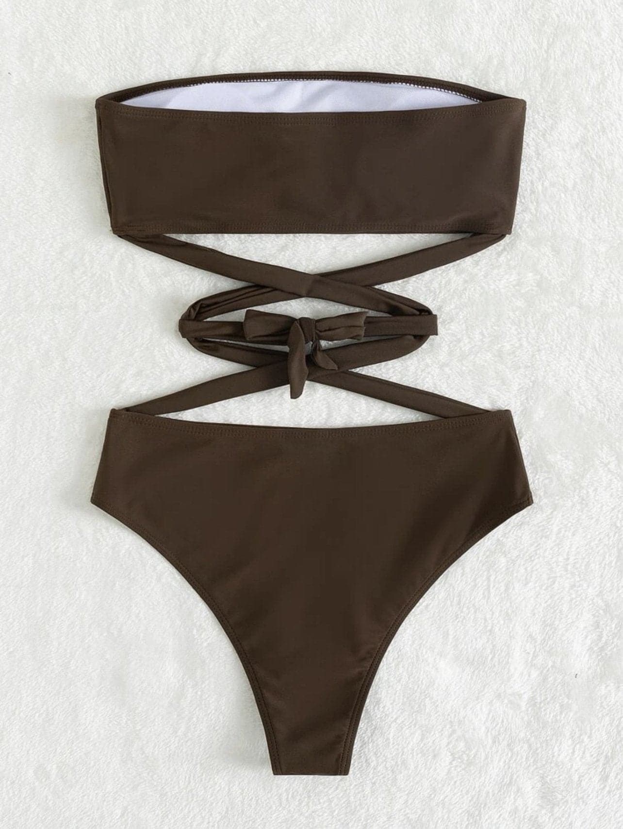 Cross front solid self tie padded tube bikini swimwear